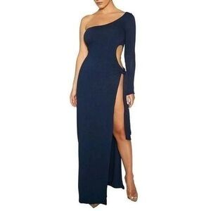 NEW Naked Wardrobe Long Sleeve One Shoulder Sexy Cutout Dress in Navy, L (I)